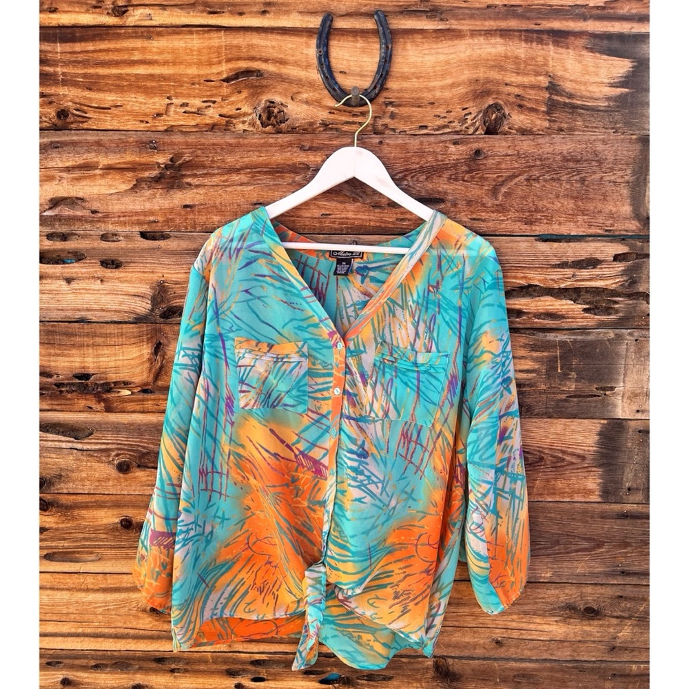 METRO 22 | Turquoise Abstract Colorful Art Tie 3/4 Blouse 3X